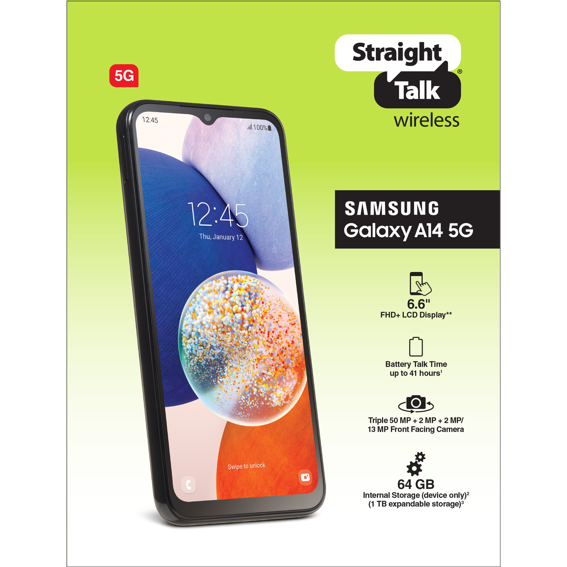 Straight Talk Samsung Galaxy A14, 5G, 64GB, Black - Prepaid